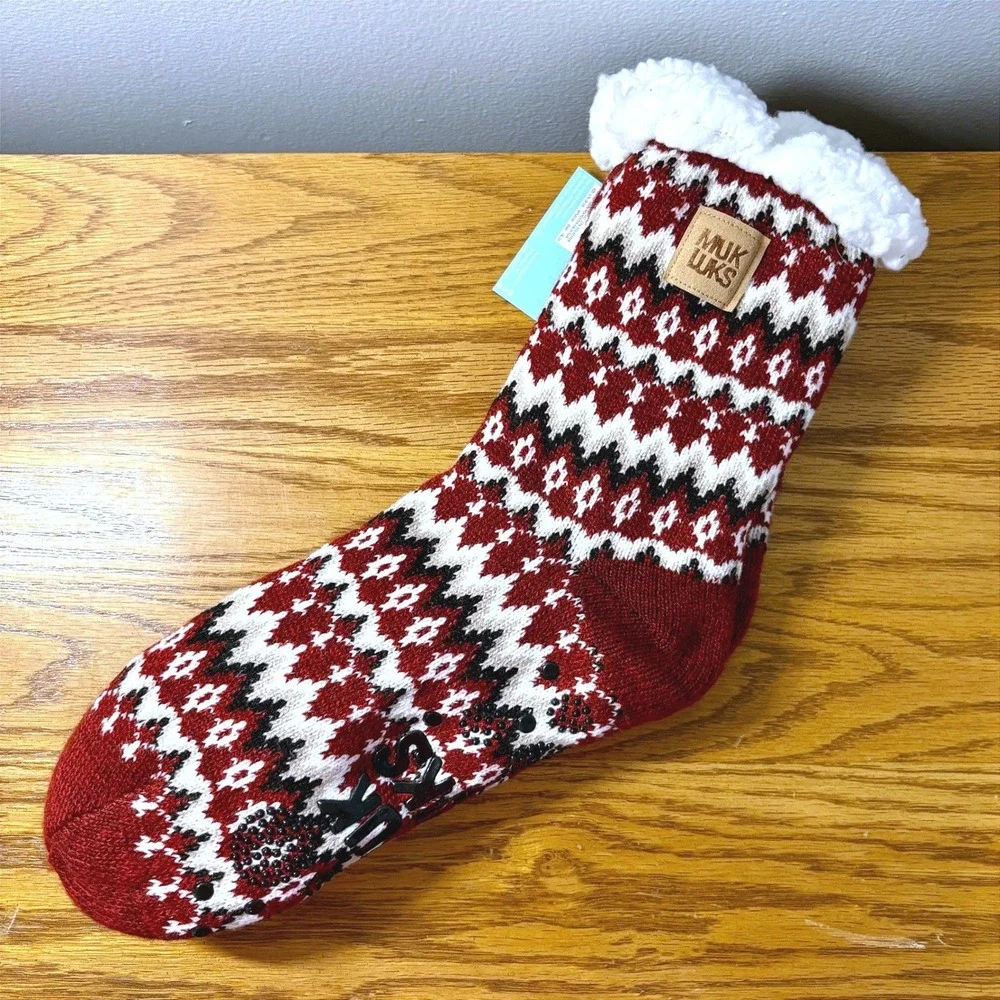 Muk Luks Womens Cabin Socks L/XL 8-10 Burgundy Fair Isle Faux‎ Sherpa Lined NWT